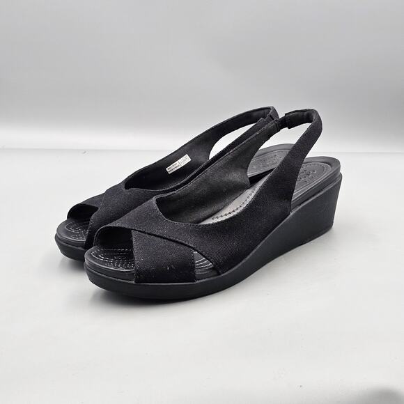 Crocs Womens Size 9 US VGC Leigh Ann Black Sling Back Wedge Dual Comfort Sandals - Picture 3 of 8